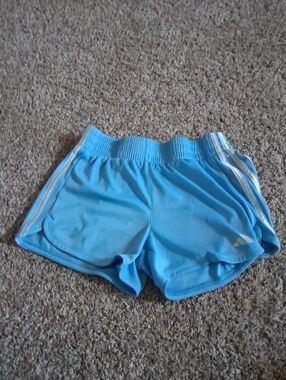 adidas Sky Blue Girls' Athletic Shorts with White Side Stripes